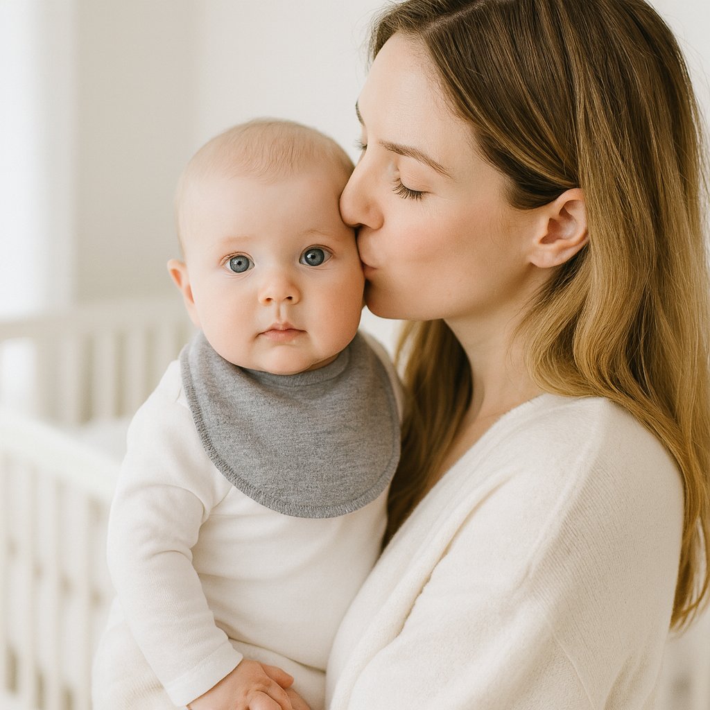Baby auf dem Arm trägt graues Pippi Babyhalstuch (One Size) mit Druckknopf – kuscheliges Lätzchen gegen Sabbern, passende Ergänzung zur Erstausstattung, schönes kleines Geschenk zur Geburt.