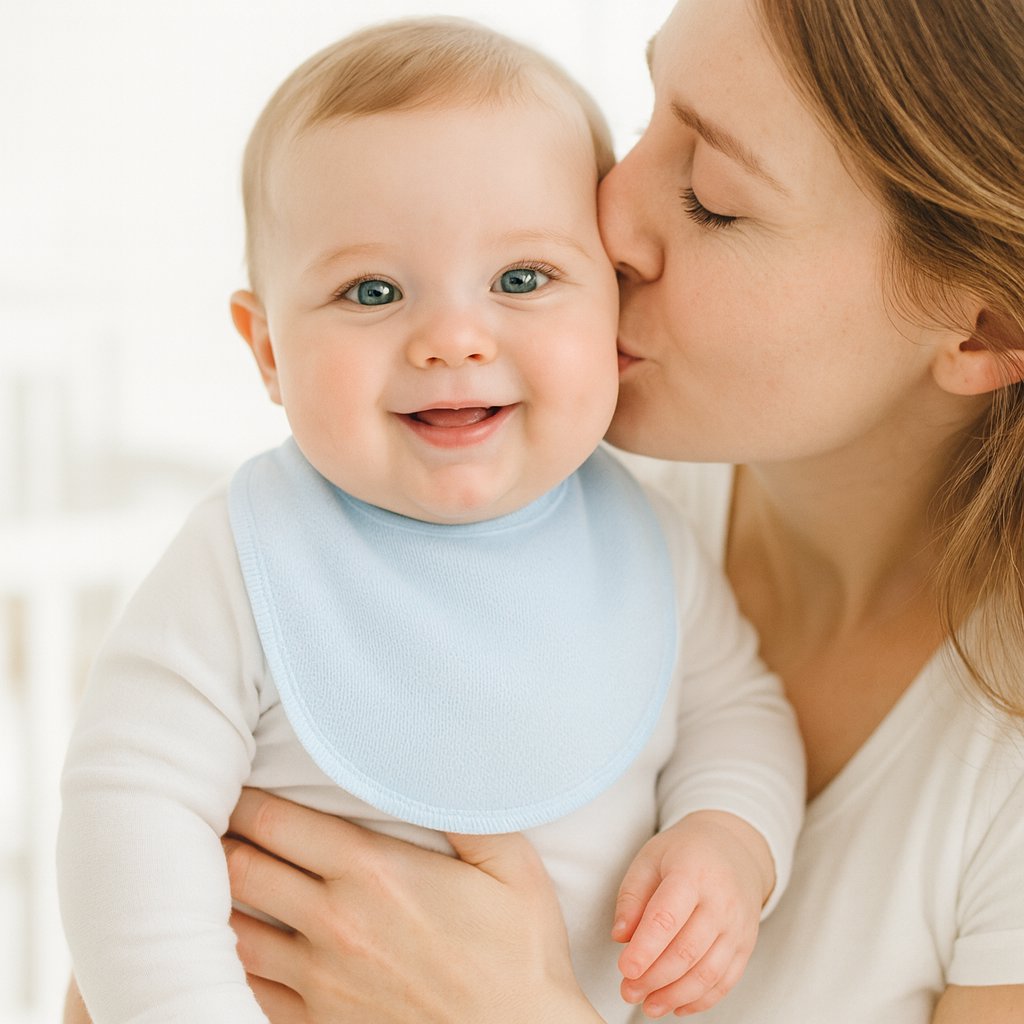 Baby auf dem Arm trägt hellblaues Pippi Babyhalstuch – weiches Sabbertuch mit Druckknopf, ideal für die Baby Box oder als Geburtsgeschenk.