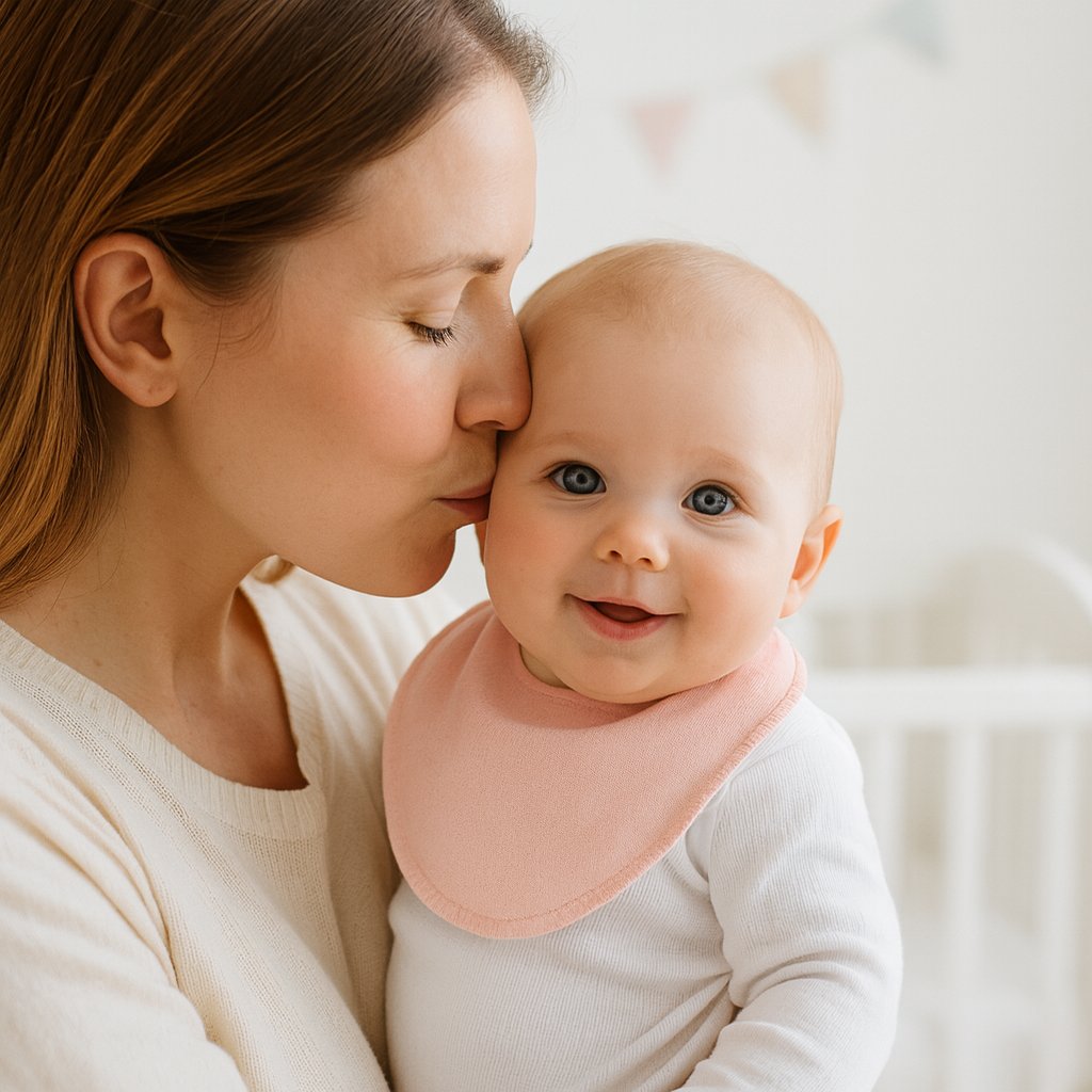 Mama hält Baby mit rosa Pippi Halstuch (One Size) – weiches Lätzchen mit Druckknopf, ideal als Geschenk zur Geburt oder für die Baby Box.