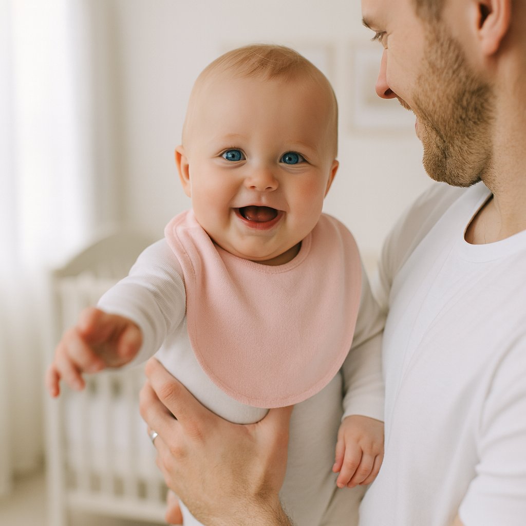 Papa hält lachendes Baby mit rosa Pippi Halstuch – saugfähiges Sabbertuch in Einheitsgröße, pflegeleichtes Lätzchen, liebevolles Geburtsgeschenk.