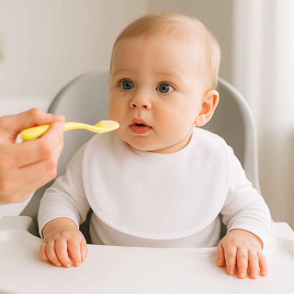Baby im Hochstuhl mit weißem Pippi Halstuch (One Size) beim ersten Brei – hautfreundlicher, saugfähiger Baumwollmix; ideal als Geschenk zur Geburt oder für die Baby Box.