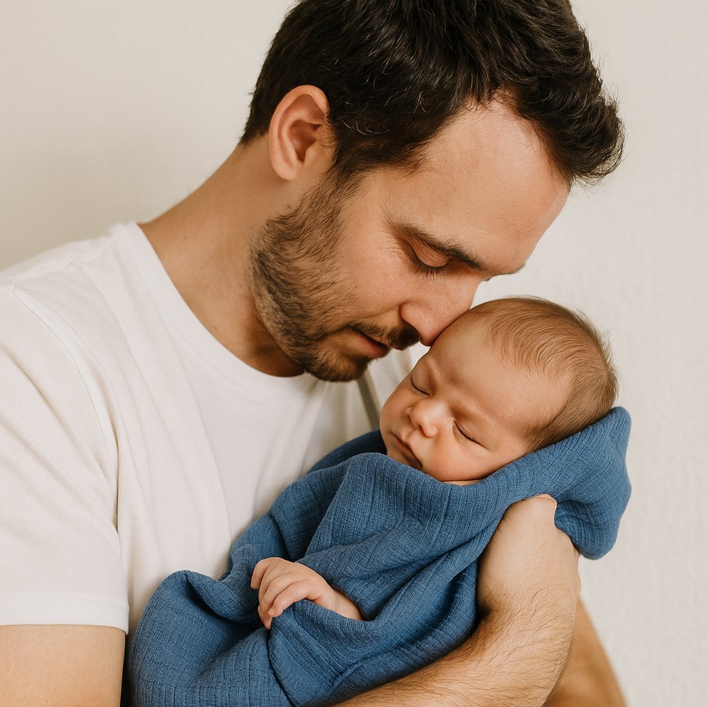 Papa hält schlafendes Baby in blauer Pippi Mullwindel (70×70 cm) – kuscheliges Spucktuch aus Baumwolle, ideal für unterwegs und Baby Box.