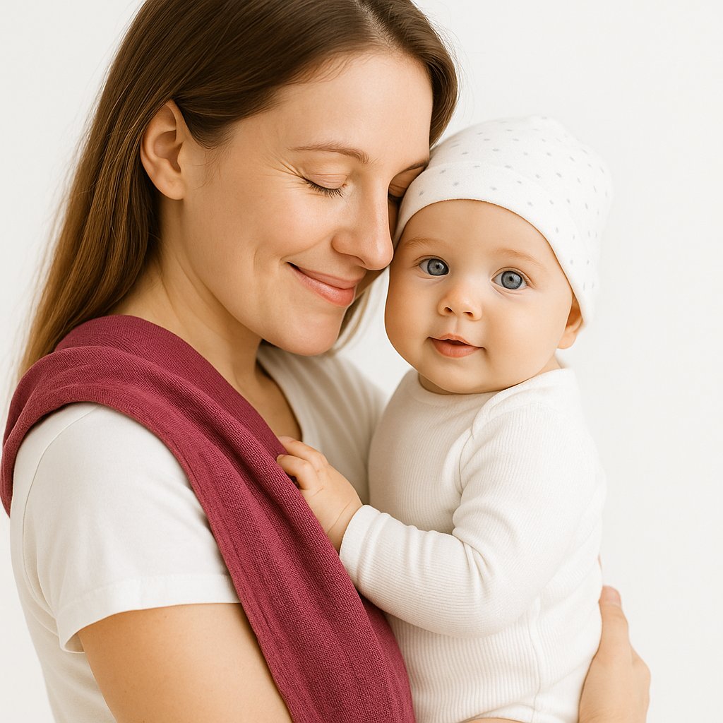 Mama mit Baby, Pippi Mullwindel in Dunkelpink über der Schulter – weiches Spucktuch aus 100% Baumwolle, alltagstauglich, praktisches Geburtsgeschenk.
