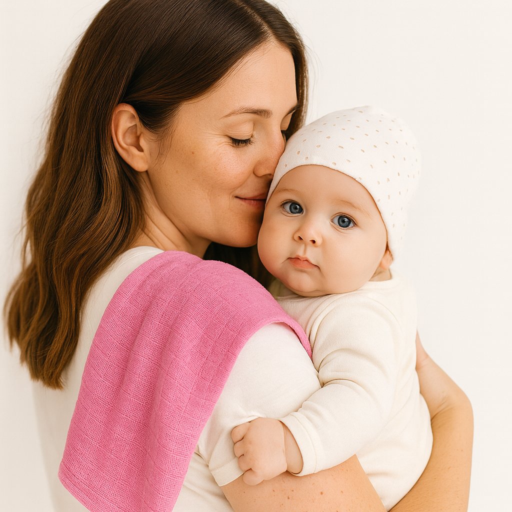 Mama hält Baby mit Pippi Mullwindel in Pink (70×70 cm) auf der Schulter – saugfähiges Baumwoll-Spucktuch, unverzichtbar im Alltag, schönes Geschenk zur Geburt.