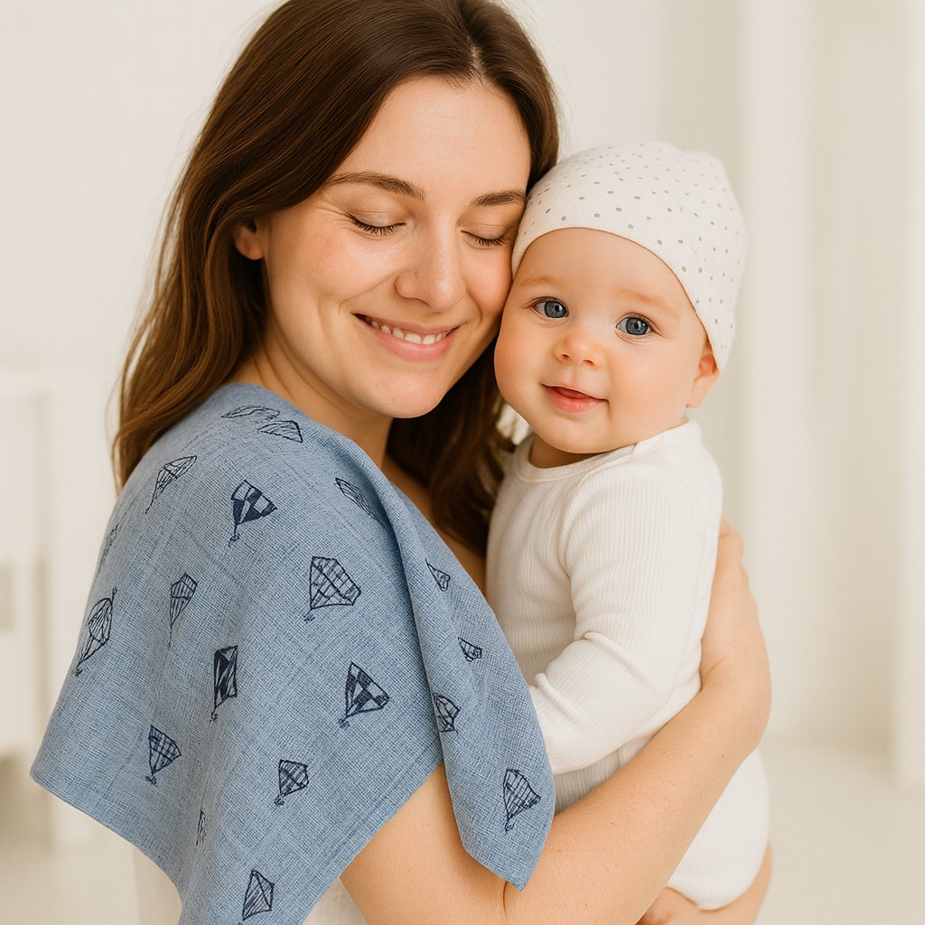 Mama hält Baby mit Pippi Mullwindel skyway-blau (70×70 cm) über der Schulter – weiches Baumwolltuch zum Kuscheln und Aufstoßen, beliebt als Geburtsgeschenk.