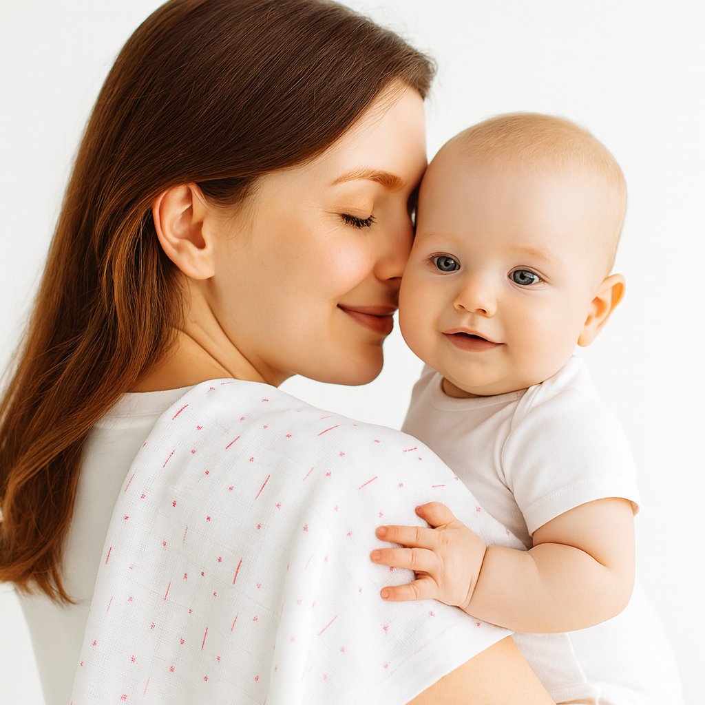 Mama hält Baby mit Pippi Mullwindel 70×70 cm in Weiß/Rosa über der Schulter – sanftes Baumwoll-Spucktuch, schönes Geschenk zur Geburt und für die Baby Box.