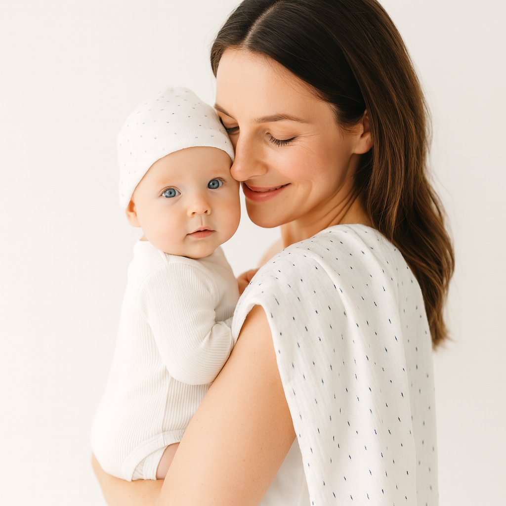 Mama hält Baby im Arm, über der Schulter liegt die weiße Pippi Mullwindel mit blauem Muster (70×70 cm) – sanftes Spucktuch aus Baumwolle, praktisch als Geburtsgeschenk.