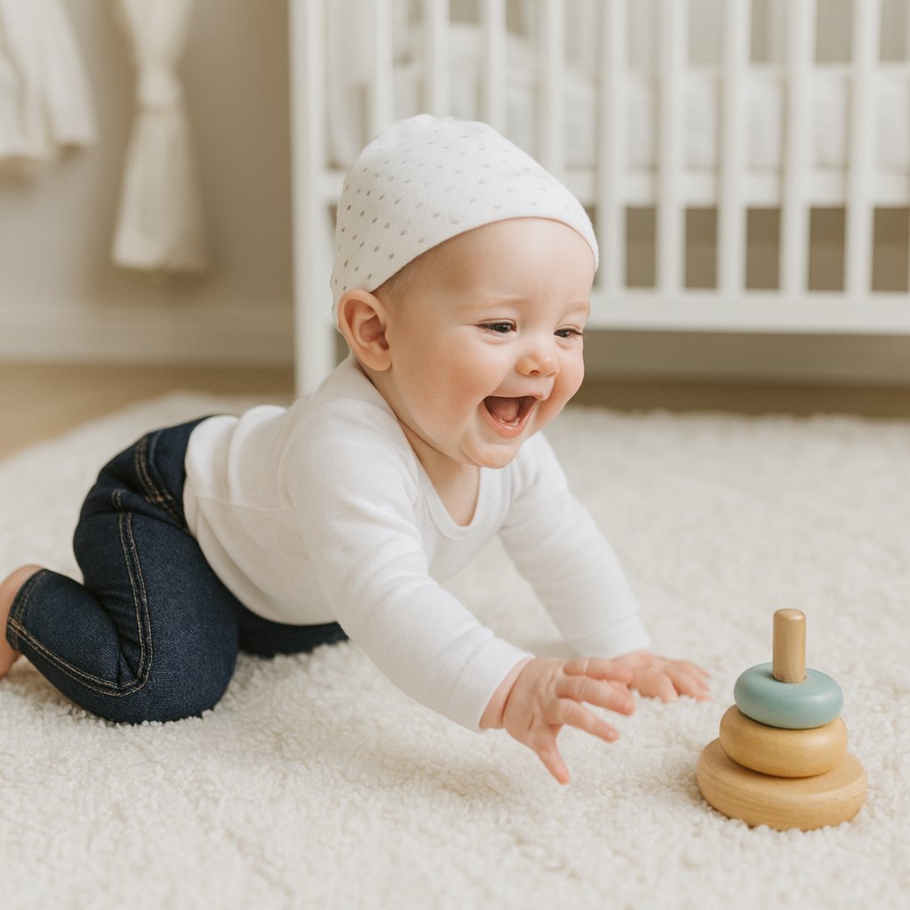 Baby krabbelt im hellen Kinderzimmer und trägt Playshoes Babyleggings in Jeans-Optik, Größe 62–68 – bequeme, unisex Erstausstattung.