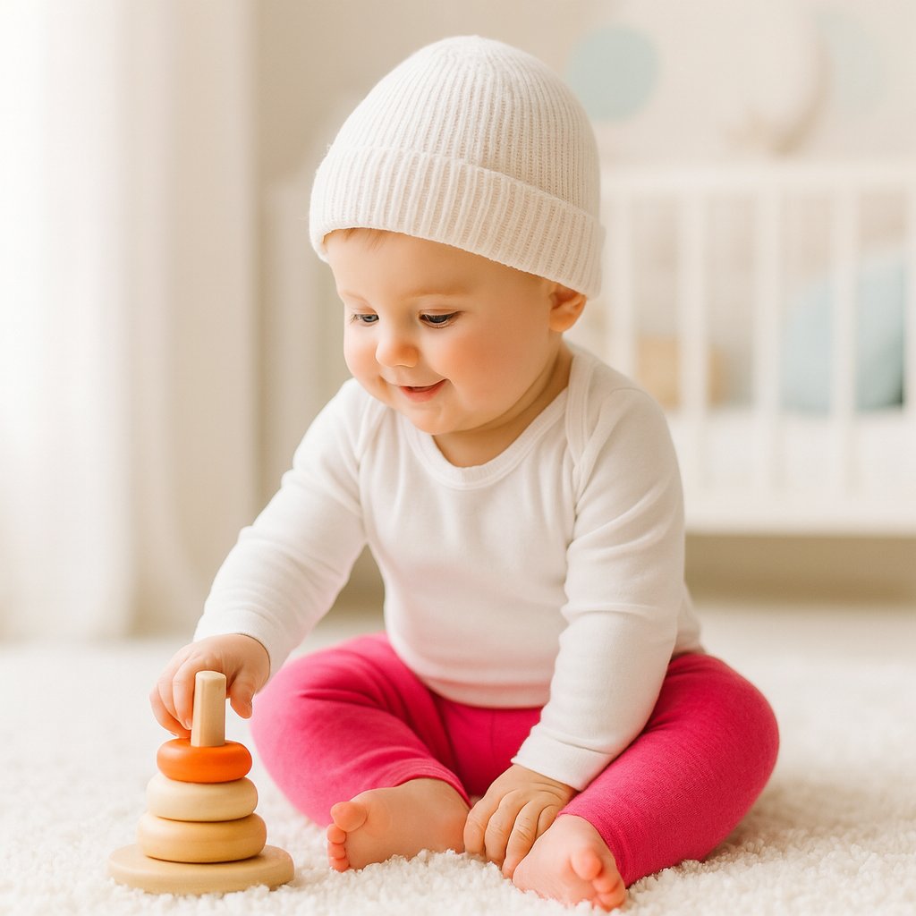 Baby sitzt im hellen Kinderzimmer und spielt, trägt pinke Playshoes Babyleggings in Größe 62–68 – weiche Erstausstattung.