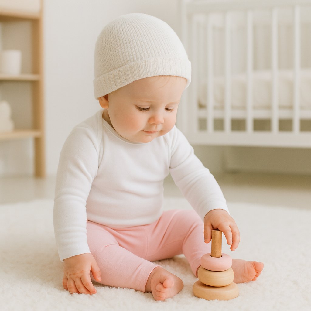 Baby steht mit Unterstützung des Vaters im Kinderzimmer, trägt rosa Playshoes Babyleggings in Größe 50–56 – bequeme Erstausstattung.