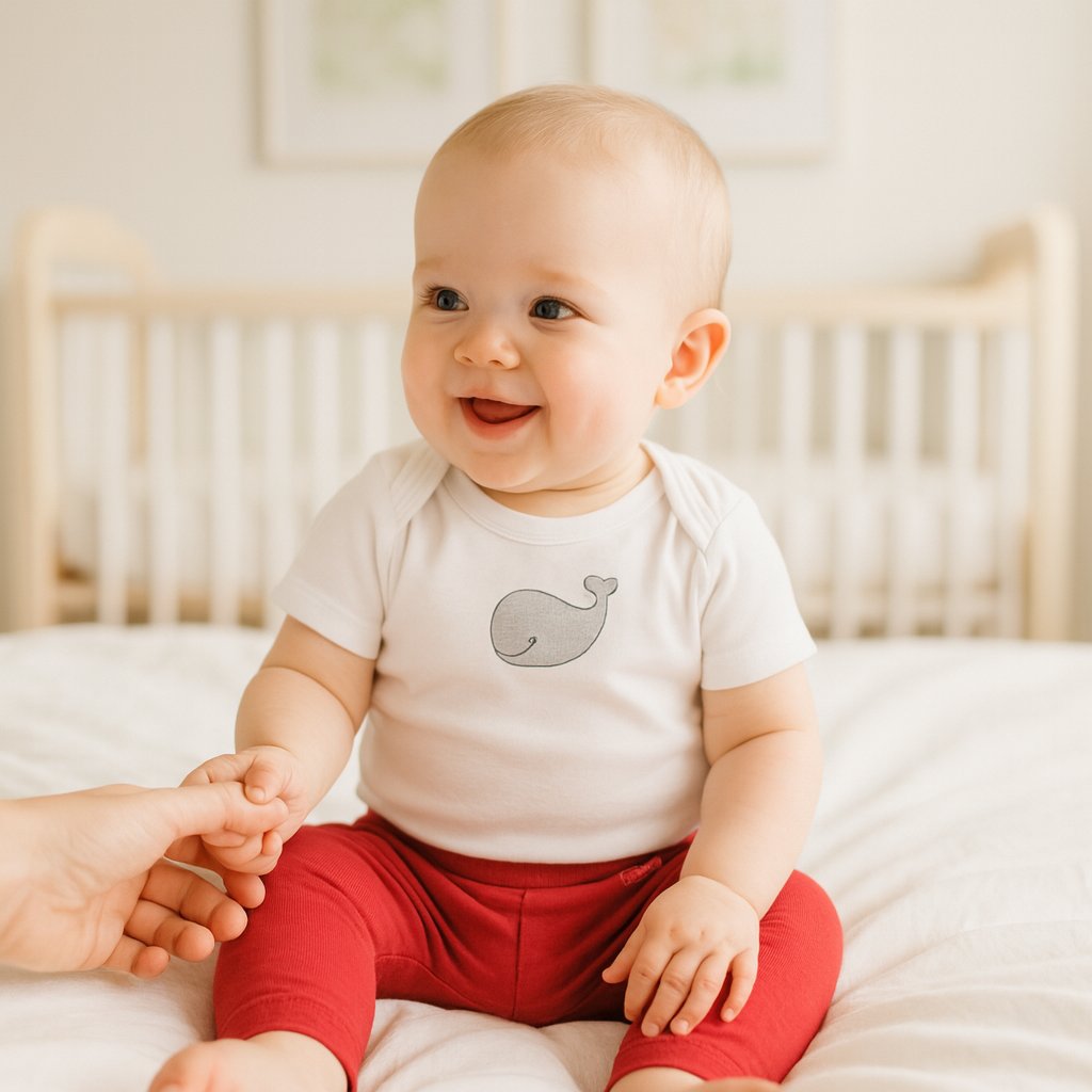 Baby sitzt auf dem Bett und trägt rote Playshoes Babyleggings in Größe 62–68 – weiche, bequeme Erstausstattung für Babys.