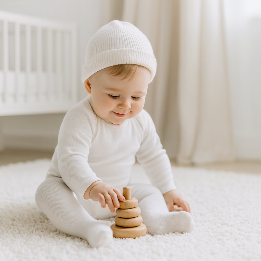 Baby sitzt im hellen Kinderzimmer und spielt, trägt weiße Playshoes Babystrumpfhose in Größe 50–56 – weiche Erstausstattung für Neugeborene.