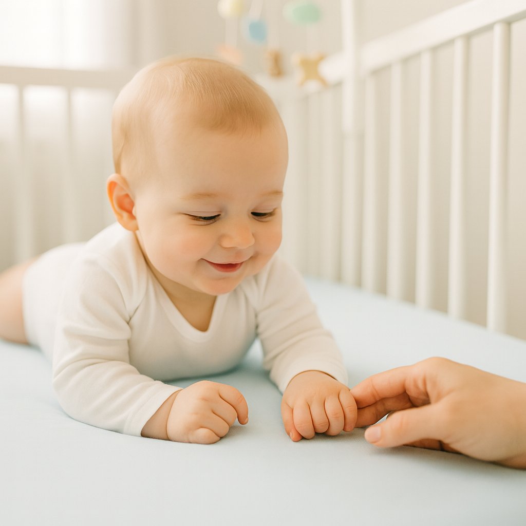 Baby auf hellblauem Playshoes Spannbettlaken 40×70 cm, wasserdicht, im hellen Kinderbett – Erstausstattung für Neugeborene.