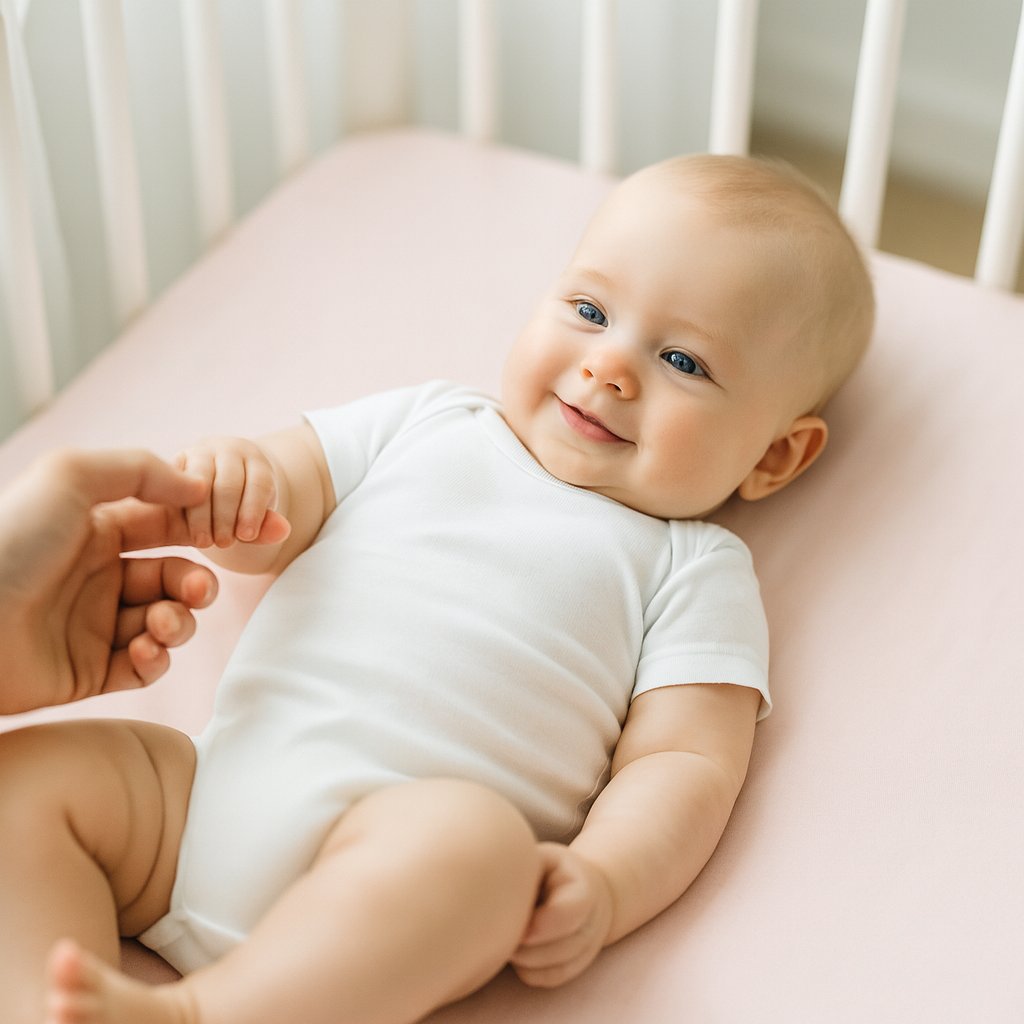 Baby liegt auf rosafarbenem Playshoes Spannbettlaken 40×70 cm, wasserdicht, im Gitterbett – weiche Erstausstattung fürs Babybett.