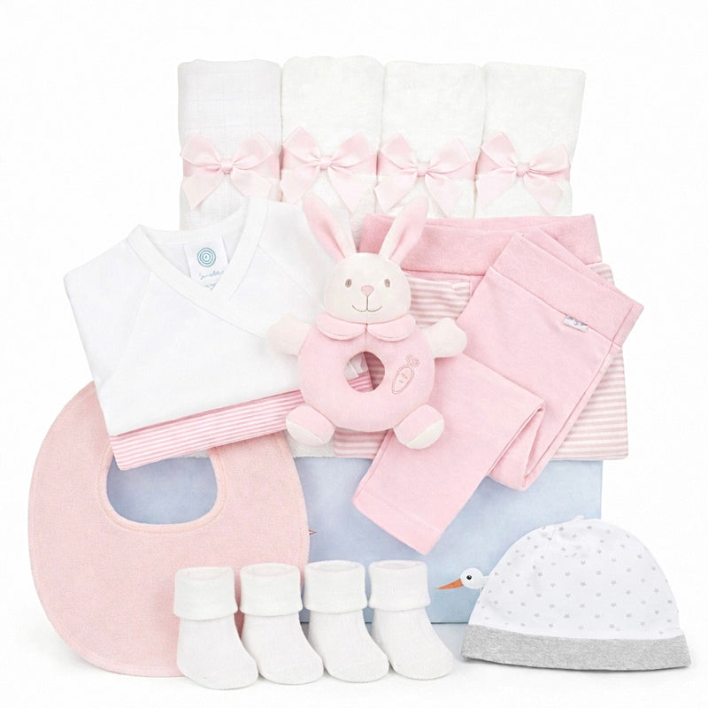Premium Baby Box Mädchen: Großes Geschenkset mit Sanetta Bodys, Maximo Greifling Hase rosa und Bio-Kleidung