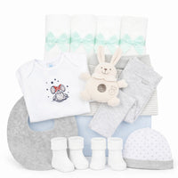 Premium Baby Box Neutral: Großes Unisex Geschenkset mit Sanetta Bodys Bär, Maximo Greifling Hase Natur und Bio-Kleidung