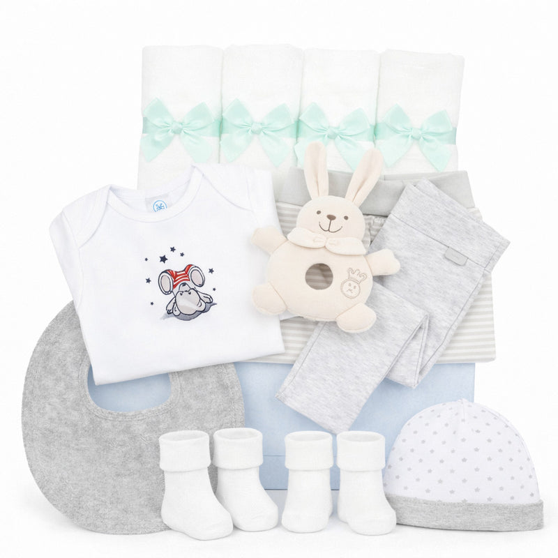 Premium Baby Box Neutral: Großes Unisex Geschenkset mit Sanetta Bodys Bär, Maximo Greifling Hase Natur und Bio-Kleidung