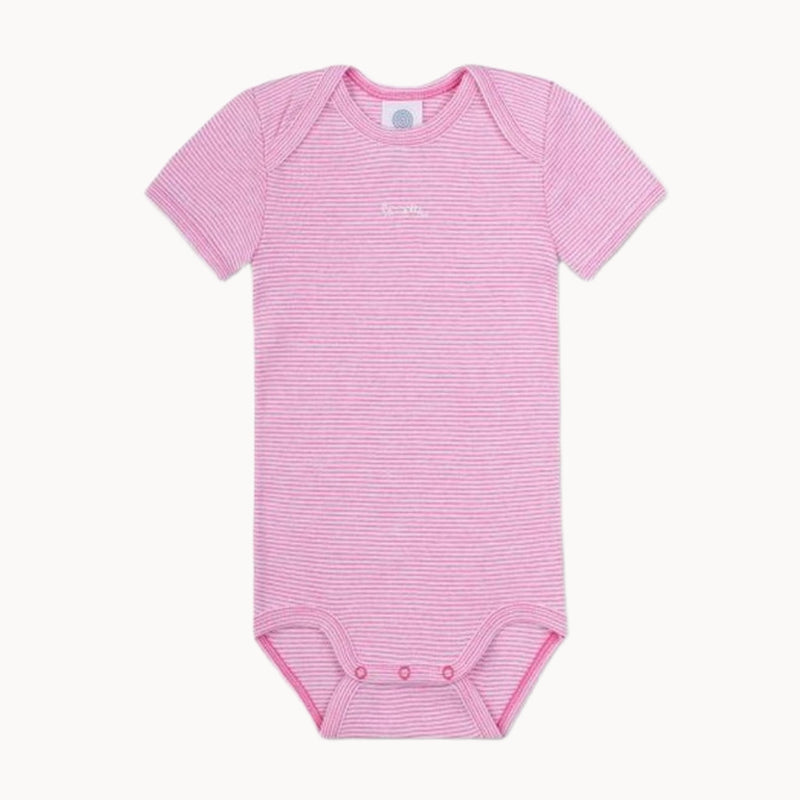 Sanetta Babybody kurzarm rosa/weiß gestreift aus 100% Bio-Baumwolle (Feinripp), GOTS – weicher Kurzarm-Body mit Schlupfausschnitt und Druckknöpfen im Schritt, Größe 56; hautfreundlich und pflegeleicht.