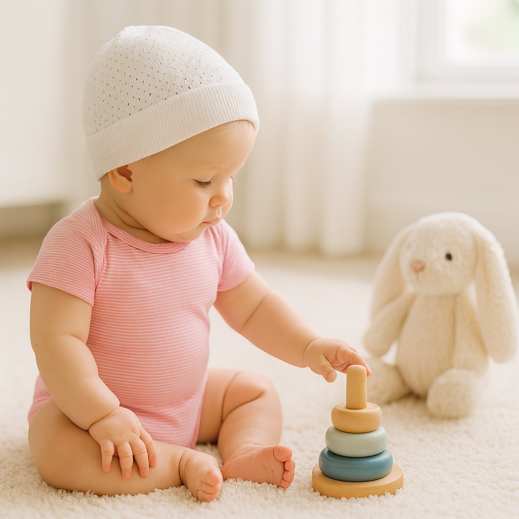Baby sitzt im hellen Babyzimmer und spielt, trägt rosa-weiß gestreiften Sanetta Kurzarm-Body – atmungsaktive Bio-Baumwolle, Größe 56; bequem für Alltag und Erstausstattung.
