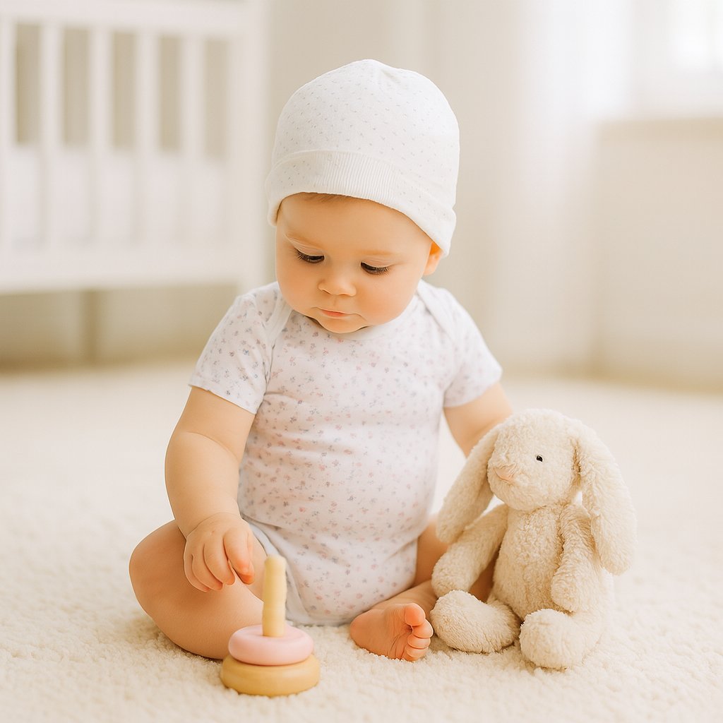 Baby sitzt im hellen Babyzimmer und spielt, trägt weißen Sanetta Kurzarm-Body mit zartem Blumen-Print – atmungsaktive Bio-Baumwolle (Feinripp), Größe 56; bequem für Alltag und Spielzeit.