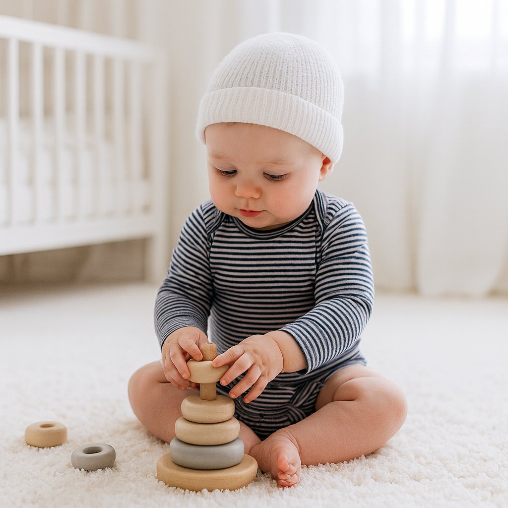Baby in blau-weiß gestreiftem Sanetta Langarm-Body sitzt im Kinderzimmer auf dem Teppich und spielt mit Holz-Steckringen – Bio-Baumwolle GOTS, angenehme Feinripp-Qualität, praktischer US-Ausschnitt und Druckknöpfe im Schritt, pflegeleicht und trocknerfest.