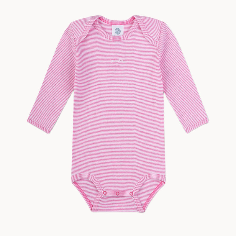 Sanetta Babybody langarm aus Bio-Baumwolle (Feinripp), rosa-weiß geringelt, GOTS-zertifiziert (CERES-0352), ohne Seitennaht, trocknergeeignet – hautfreundlicher Langarmbody für Neugeborene und Babys, verfügbar in den Größen 56 und 68.