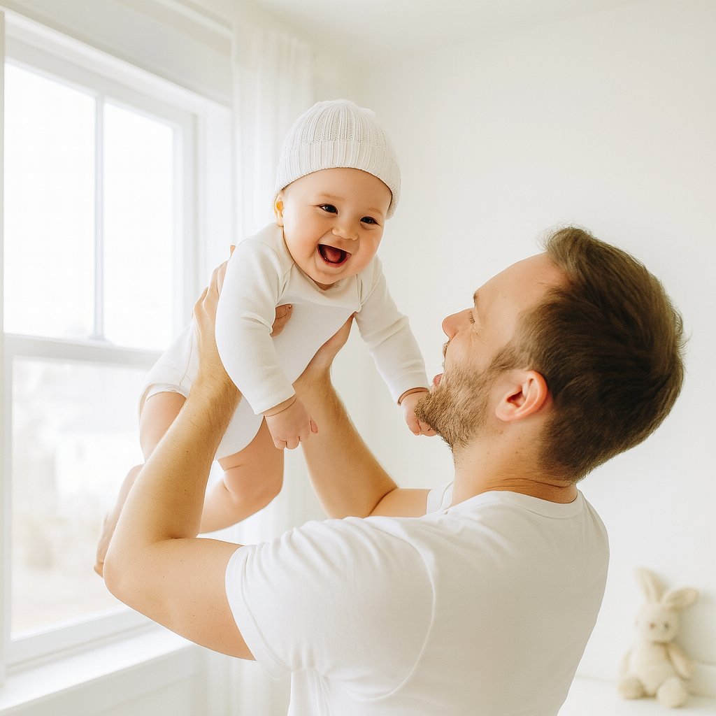 Papa hebt lachendes Baby im weißen Sanetta Langarm-Body – GOTS-zertifizierte Bio-Baumwolle, weich und pflegeleicht; Größe 56, ideal für Alltag und Erstausstattung.