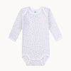 Sanetta Babybody langarm in Weiß mit zartem Blumen-Allover, aus GOTS-zertifizierter Bio-Baumwolle (Feinripp), ohne Seitennähte – hautfreundlich, atmungsaktiv und trocknergeeignet; nickelfreie Druckknöpfe im Schritt, Made in Europe, erhältlich in 56 und 68.