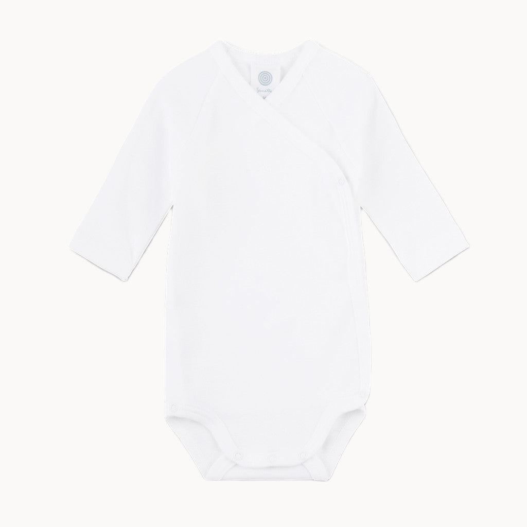 Sanetta Wickelbody langarm weiß aus 100% Bio-Baumwolle (Feinripp), GOTS – weicher Wickelbody ohne Seitennaht mit nickelfreien Druckknöpfen; Made in Europe, Größe 62, atmungsaktiv und pflegeleicht.