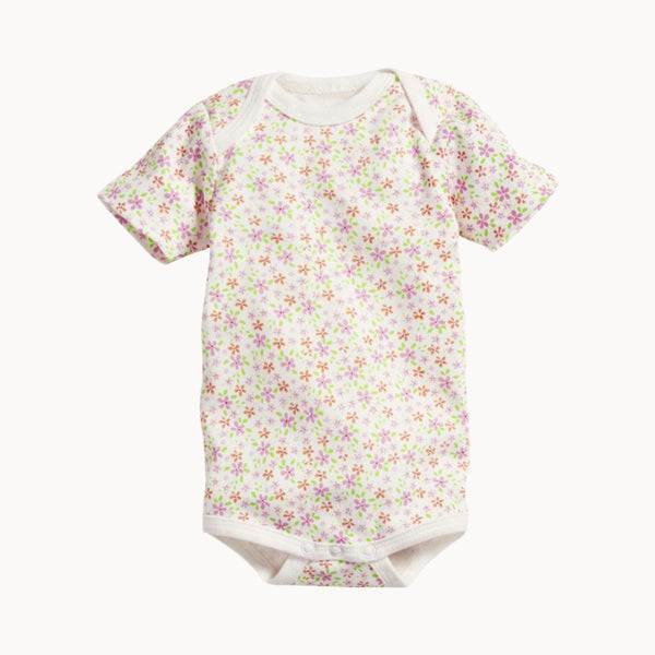 Schnizler Babybody kurzarm beige mit Blümchenprint aus 100% Baumwolle (Interlock) – weicher Kurzarm-Body mit Schlupfausschnitt und Druckknöpfen im Schritt, Größe 50–56; sanft zur Babyhaut und ideal für die Erstausstattung.
