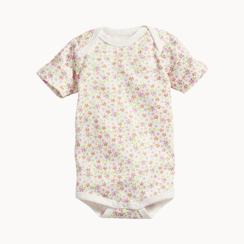 Schnizler Babybody kurzarm beige mit Blümchenprint aus 100% Baumwolle (Interlock) – weicher Kurzarm-Body mit Schlupfausschnitt und Druckknöpfen im Schritt, Größe 50–56; sanft zur Babyhaut und ideal für die Erstausstattung.