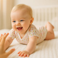 Baby trägt beige Schnizler Kurzarm-Body mit Blümchenprint und liegt fröhlich in Bauchlage auf hellem Bett – atmungsaktive Interlock-Baumwolle, Größe 50–56; perfekt für warme Tage und den Alltag.