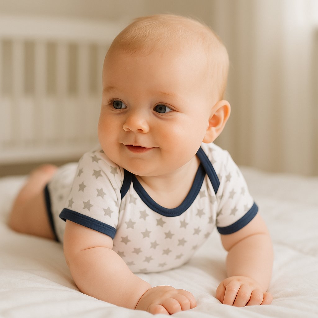 Baby trägt grau/blauen Schnizler Kurzarm-Body mit Sternen und liegt in Bauchlage auf hellem Bett – atmungsaktiver Baumwoll-Body, Größe 50–56; perfekt für warme Tage und den Alltag.