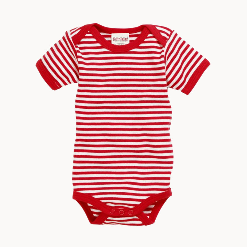 Schnizler Babybody kurzarm rot-weiß gestreift aus 100% Baumwolle – weicher Kurzarm-Body mit Envelope-Ausschnitt und Druckknöpfen im Schritt, Größe 50–56; angenehm auf der Babyhaut.