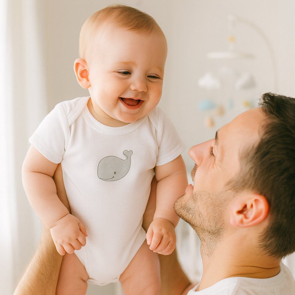Baby im weißen Schnizler Kurzarm-Body mit Wal-Print in den Armen des Papas – atmungsaktiver Baumwoll-Body, Größe 50–56; gemütlich für warme Tage und den Alltag.