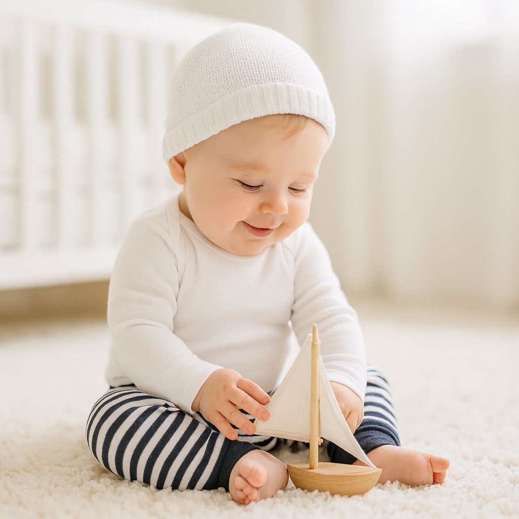 Baby trägt navy-weiß gestreifte Schnizler Babyhose und spielt auf hellem Teppich mit Holz-Segelboot im Babyzimmer – bequeme Baumwollhose Größe 62 für Alltag und Krabbelzeit.