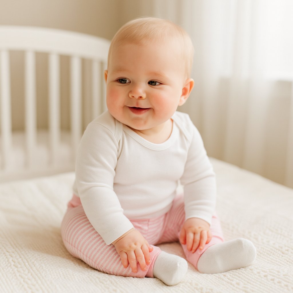 Baby sitzt auf hellem Bett und trägt rosa gestreifte Schnizler Babyhose – bequeme Interlock-Baumwolle, Größe 62; gemütlich für Alltag und Spielzeit.