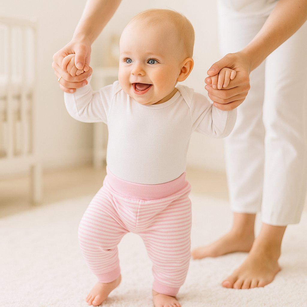 Baby steht mit Hilfe von Mama und trägt rosa gestreifte Schnizler Babyhose – weicher Komfortbund, Interlock-Baumwolle, Größe 62; perfekt zum Krabbeln und Laufen lernen.