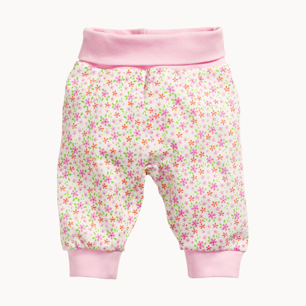 Schnizler Babyhose in Rosa mit Blumenprint aus 100% Baumwolle (Interlock), Größe 62 – weicher Umschlagbund und Beinbündchen, hautfreundlich und OEKO-TEX Standard 100 zertifiziert; bequeme Hose für Spielen und Schlafen.