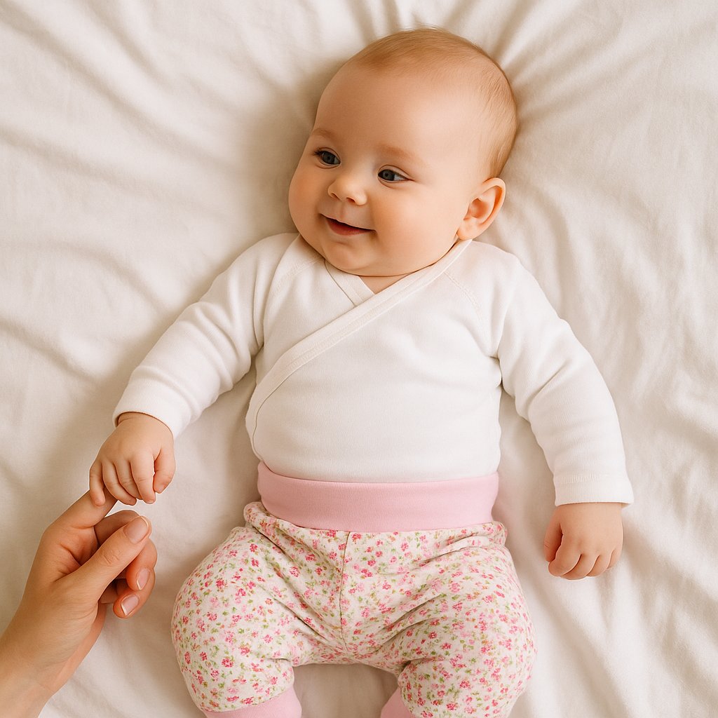 Rosa Schnizler Babyhose mit Blumenprint an Baby, liegend auf dem Bett – weiche Baumwolle, bequemer hoher Bund; ideal für Alltag, Krabbeln und als süßes Geschenk zur Geburt.