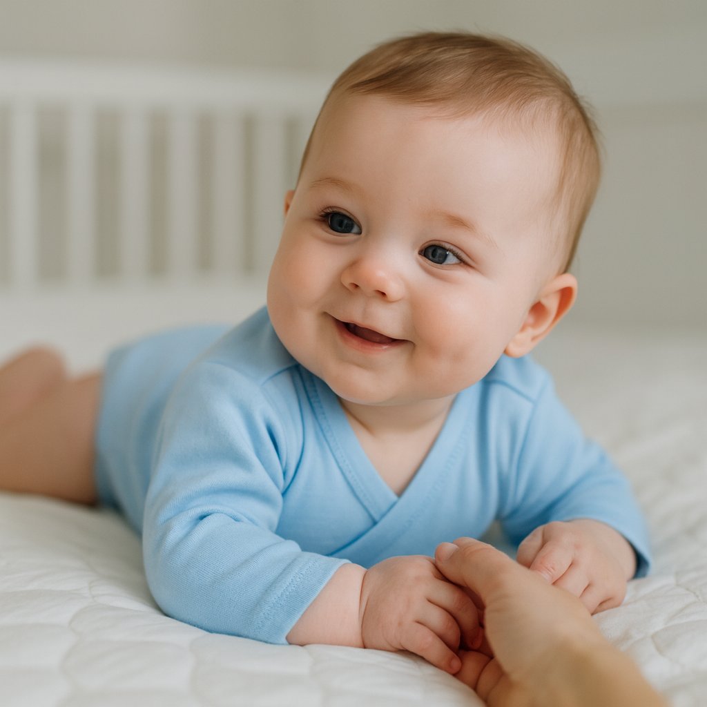 Baby trägt blauen Schnizler Wickelbody (langarm) und liegt auf hellem Bett in Bauchlage – weiche Interlock-Baumwolle, Größe 56; gemütlich für Alltag, Schlaf und Wickelzeit.