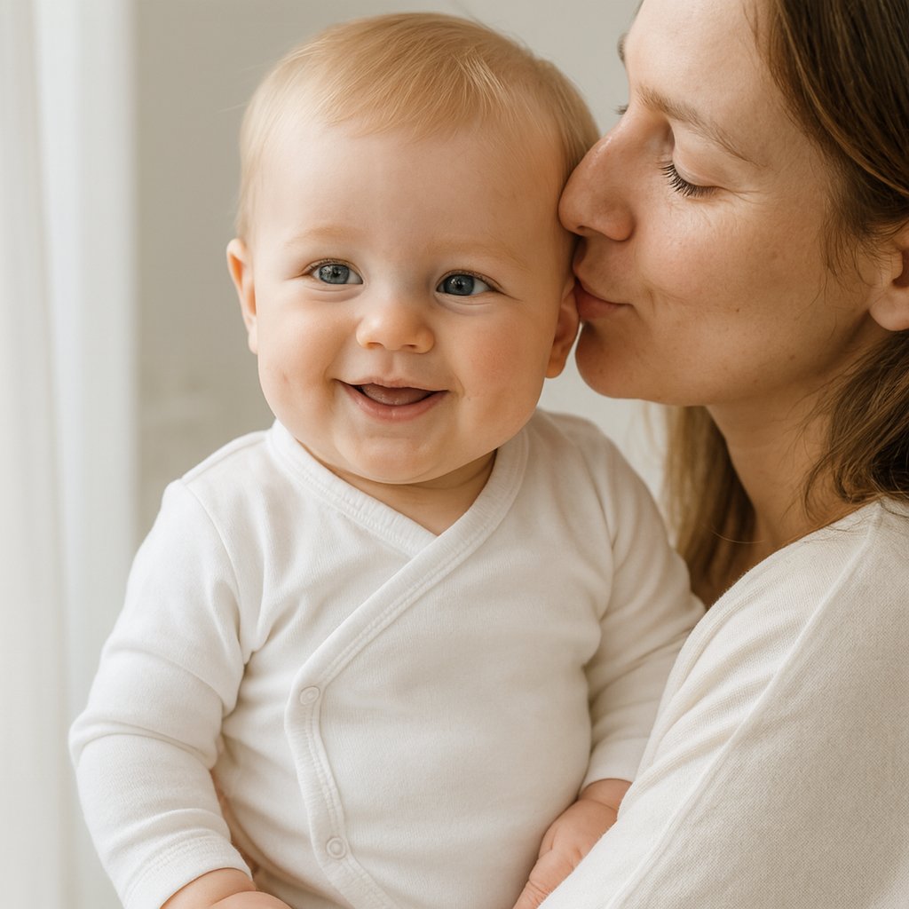 Baby im naturfarbenen Schnizler Wickelbody (langarm) im Arm der Mama, liebevolle Kuss-Szene – weiche Interlock-Baumwolle, Größe 56; gemütlich für Alltag, Schlaf und Wickelzeit.
