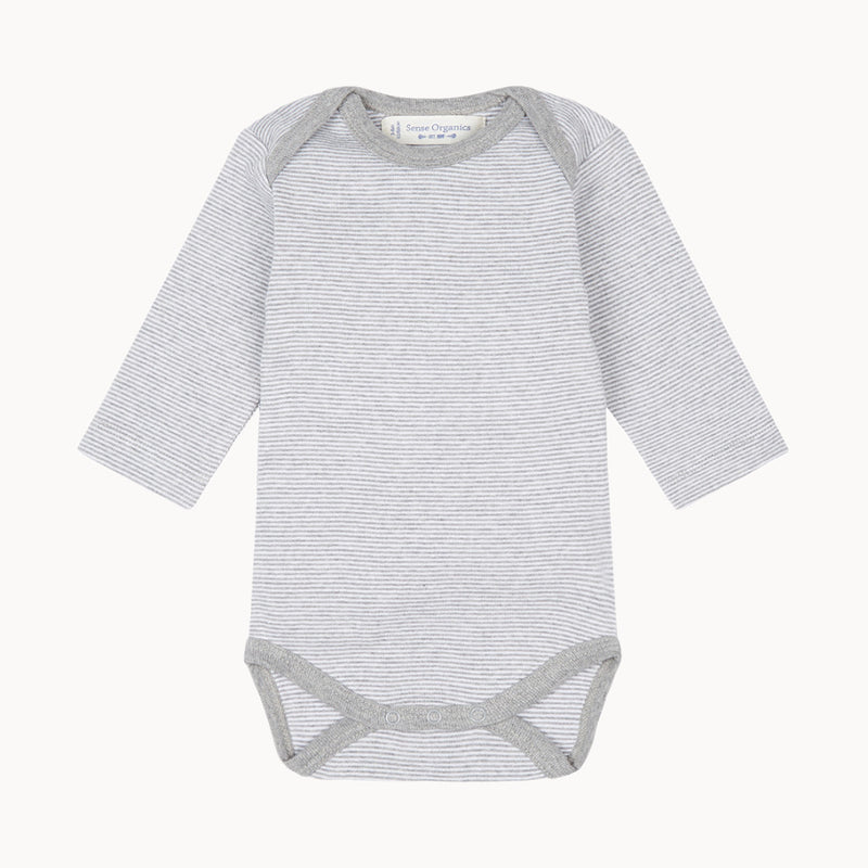 Sense Organics Babybody langarm grau/weiß gestreift, Größe 50–56 cm, Bio-Baumwolle (GOTS) mit Druckknöpfen – unisex Basic für die erste Garderobe, Erstausstattung.“