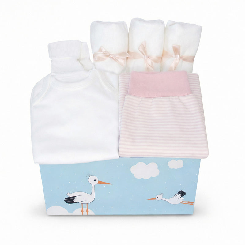 Starter Baby Box für Mädchen: Geschenkset zur Geburt mit Storch-Motiv, rosa gestreifter Babyhose, weißem Body und Mulltüchern.