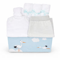 Starter Baby Box Neutral: Unisex Geschenkset zur Geburt mit beige gestreifter Hose, weißem Body und Mulltüchern