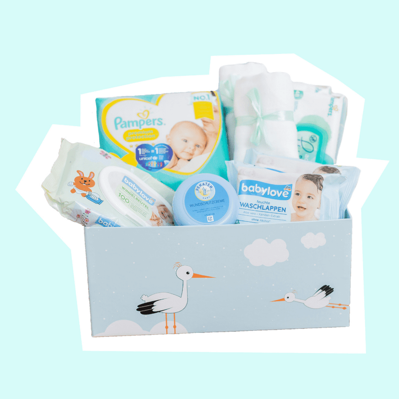 baby wickelbox fuer jungen und maedchen als geschenk zur geburt mit vielen babyhygieneartikeln wie windeln, feuchttuecher, mullwindeln, baby wundschutzcreme in babybox von taidasbox